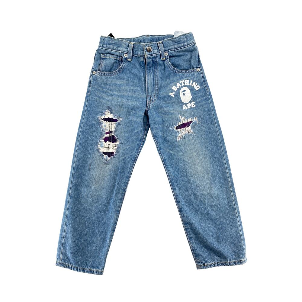 BAPE Kids Distressed Logo Jeans Size 120 Light Wash Denim A Bathing Ape Japan